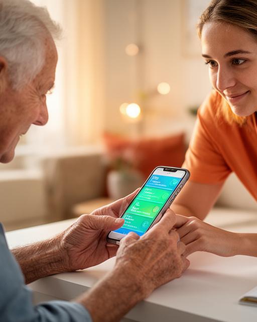 Een oudere man leert van een jonge vrouw hoe hij een smartphone moet gebruiken in een gezellige huiskamer in Tilburg